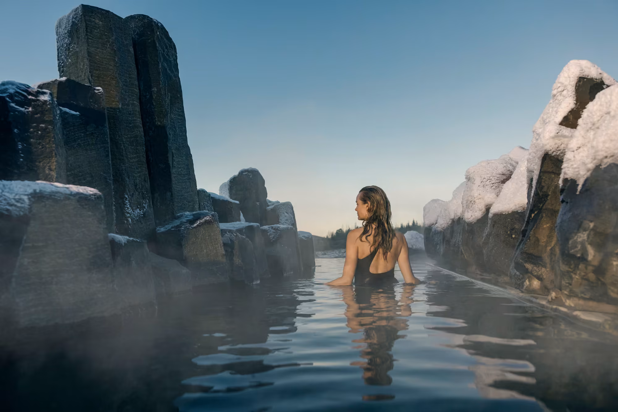 Woman in the quiet cave of the lagoon